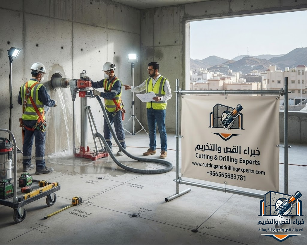 خبراء القص والتخريم يقدمون خدمات تخريم خرسانة للكهرباء والسباكة حي العزيزية مكة بأحدث أجهزة الكور الماسي لفتح الفتحات الخرسانية بدقة